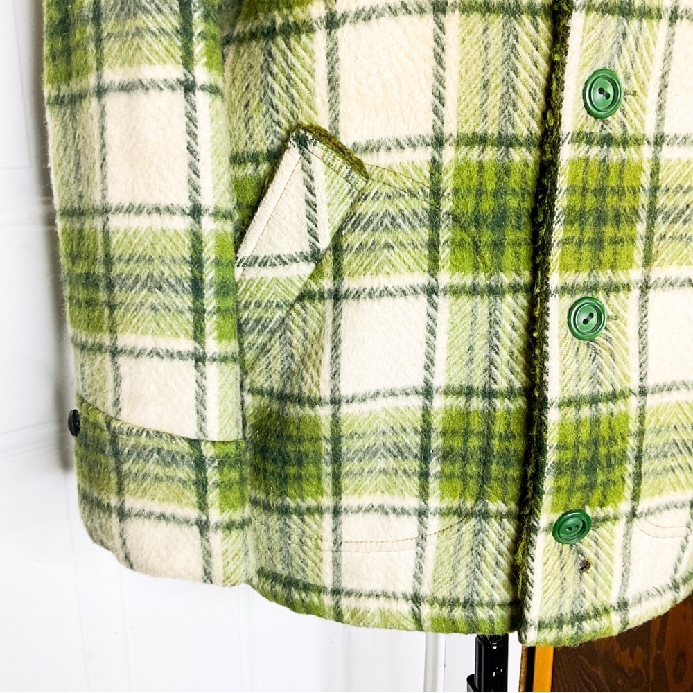 VINTAGE 1960s Green Wool Plaid Jacket | Tartan Check Hunting Coat Unisex S/M - Picture 15 of 16